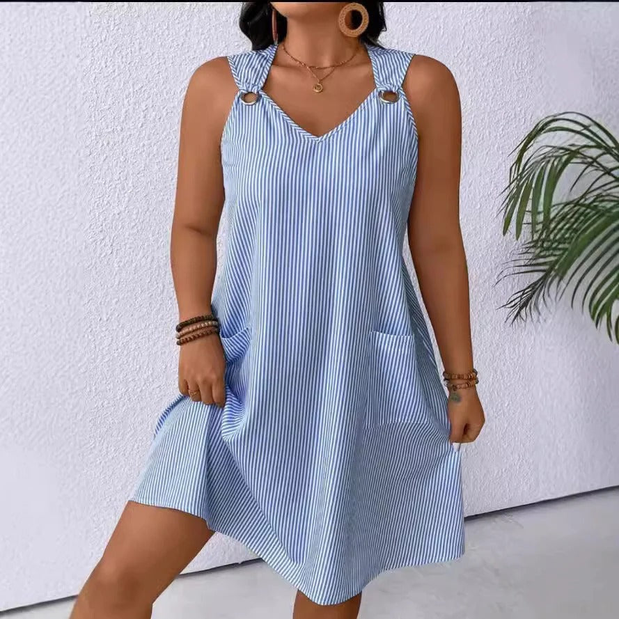 Robe Femme À Coupe A Ligne Encolure V Rayée Détail Anneau Aux Épaules Genou Longueur Poches