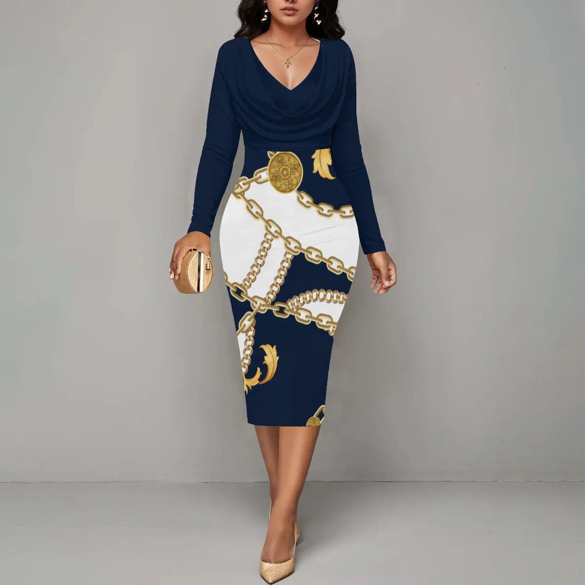 Robe Midi Femme Amawinc Encolure Portefeuille Manches Longues Imprimé Chaîne Silhouette Ajustée
