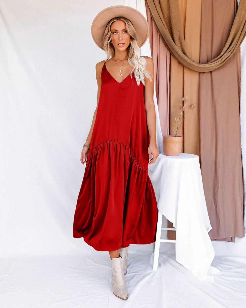 Robe Maxi Femme Col En V Coupe Fluide Avec Volants Collection Nordisk Flair Amawinc Été Élégant