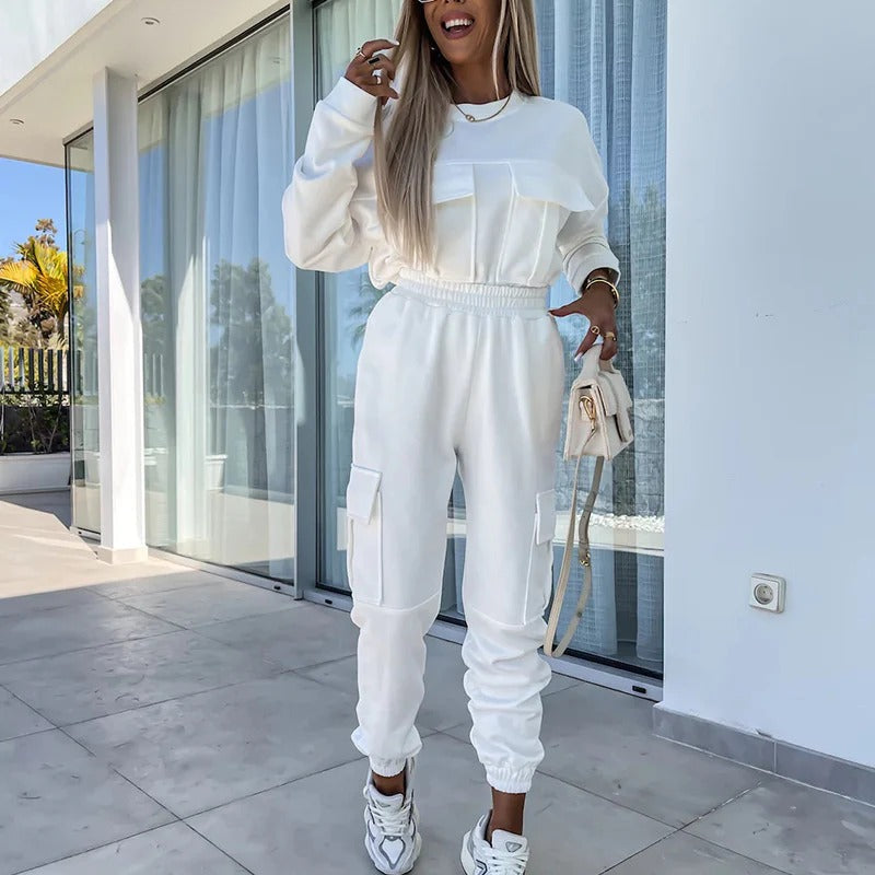 Ensemble Deux Pièces Femme Coupe Décontractée Haut Col Rond Manches Longues Pantalon Joggers Cintrés