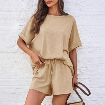 Ensemble Deux Pièces Pour Femme Haut Décontracté À Manches Dolman Short À Cordon Doux Confortable Détente