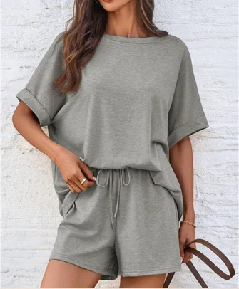 Ensemble Deux Pièces Pour Femme Haut Décontracté À Manches Dolman Short À Cordon Doux Confortable Détente