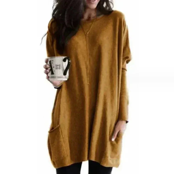 Pull Tunique Oversize Femme En Maille Douce Avec Poches Latérales Et Épaules Tombantes