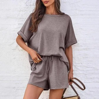 Ensemble Deux Pièces Pour Femme Haut Décontracté À Manches Dolman Short À Cordon Doux Confortable Détente