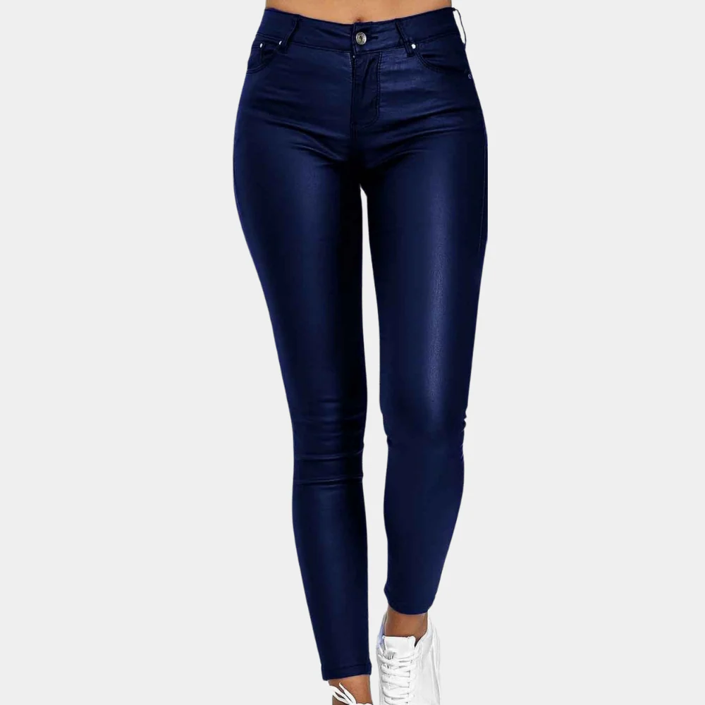 Pantalon Femme Slim Fit Effet Cuir PU Longueur Pleine À Cinq Poches Polyvalent Et Élégant Pour Jour Et Nuit