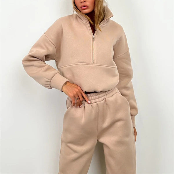 Ensemble Sweat Deux Pièces Femme Coupe Décontractée Haut Col Montant Demi Zip Mélange Coton Taille Élastique
