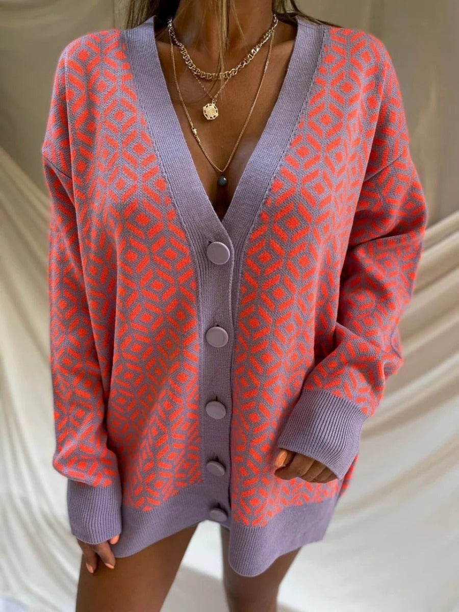 Cardigan Femme Oversize Mélange De Laine Col V Tricot Géométrique Longue Longueur Pour Automne Hiver