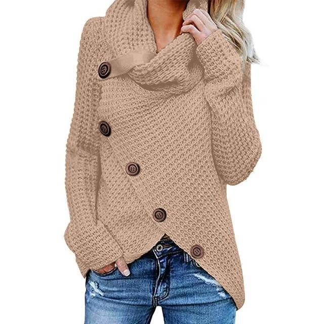 Pull Femme À Col Drapé En Maille Gaufrée Coupe Décontractée Avec Boutons Asymétriques À L'Avant