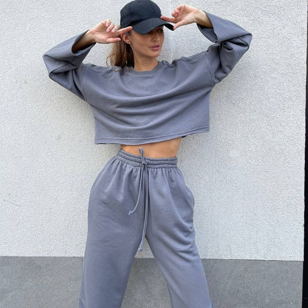 Ensemble Athleisure Deux Pièces Pour Femmes Haut Court Décontracté Pantalon À Taille À Cordon En Mélange De Coton