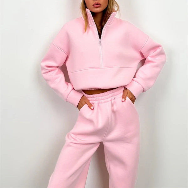 Ensemble Sweat Deux Pièces Femme Coupe Décontractée Haut Col Montant Demi Zip Mélange Coton Taille Élastique