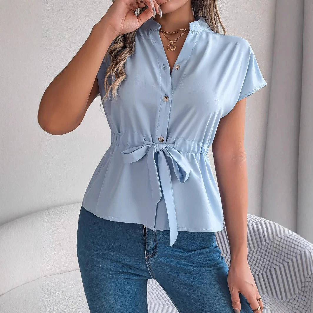 Blouse Femme Nordisk Flair Coupe Ajustée Ceinture À La Taille Bouton Devant Manches Courtes Coton