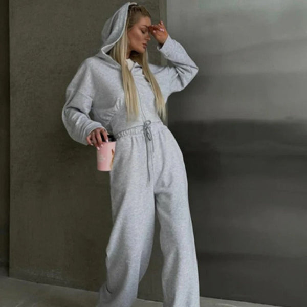 Ensemble Deux Pièces Détente Femme Sweat À Capuche Zip Décontracté Pantalon Large Mélange Coton Nordisk Flair