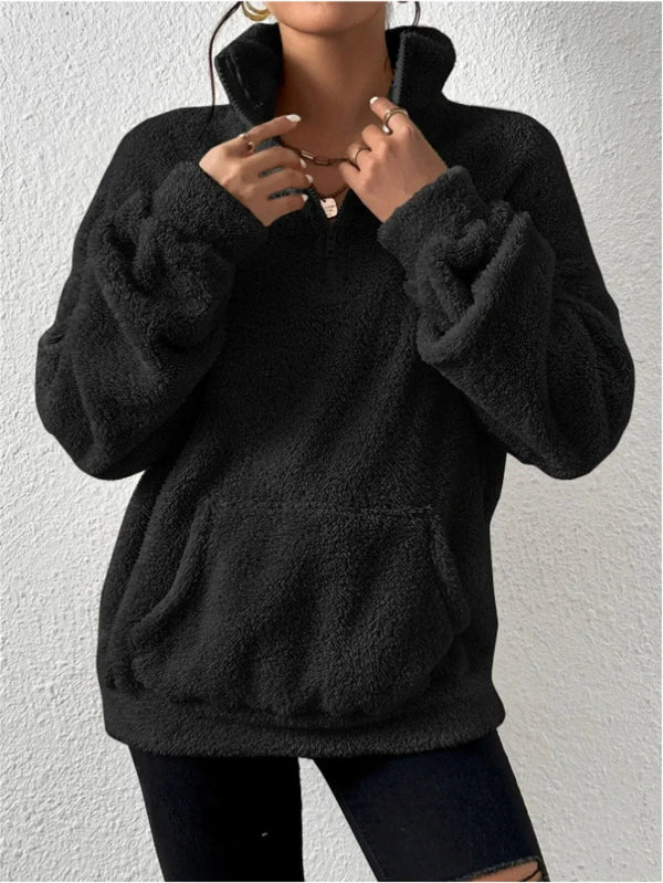 Pull Polaire Pour Femme Coupe Décontractée Col Montant Fermeture Éclair Avant Poche Kangourou Amawinc Confort Quotidien