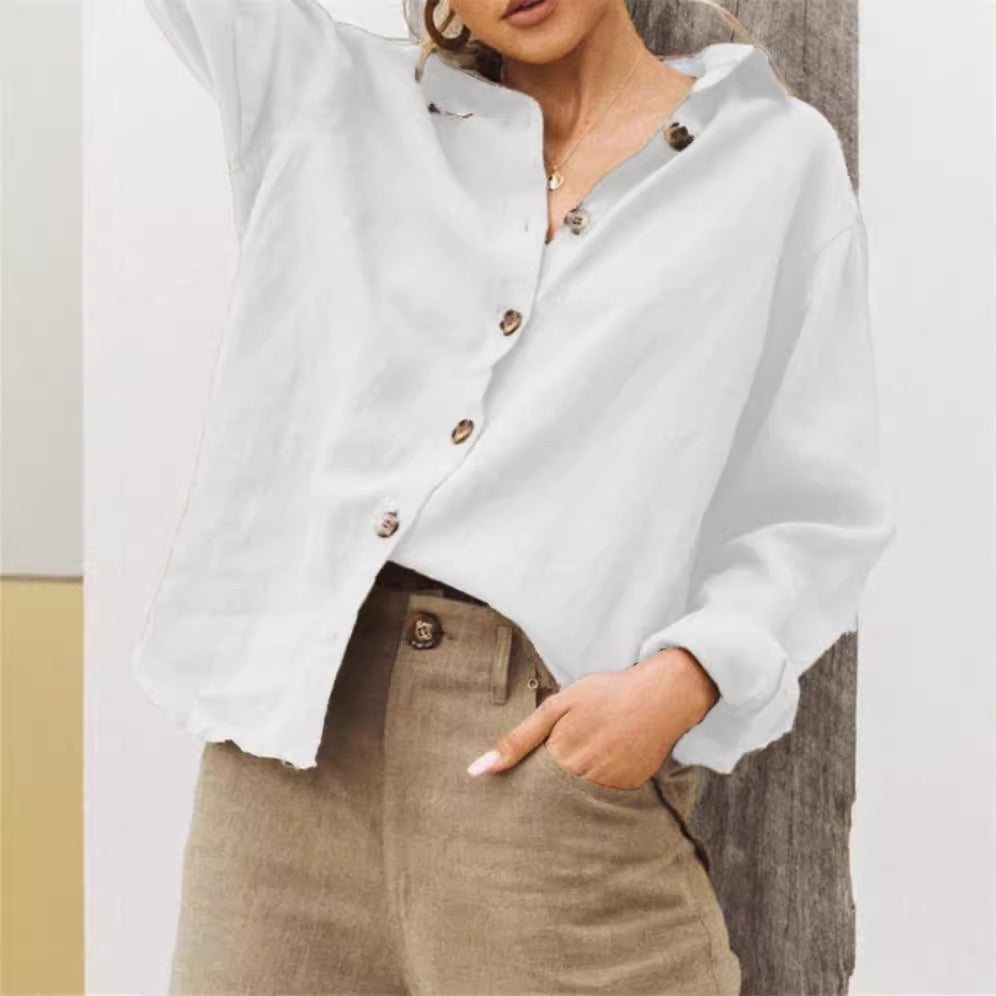 Chemise Femme Coupe Décontractée Mélange Coton Lin Manches Longues Col Boutonné Nordisk Flair