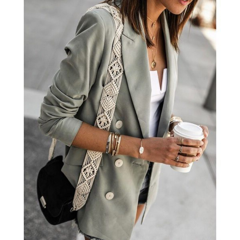 Blazer Femme Amawinc Coupe Tailleur Double Boutonnage Mélange de Laine Manches Longues Ruchées