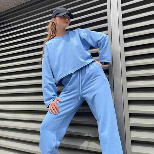 Ensemble Athleisure Deux Pièces Pour Femmes Haut Court Décontracté Pantalon À Taille À Cordon En Mélange De Coton