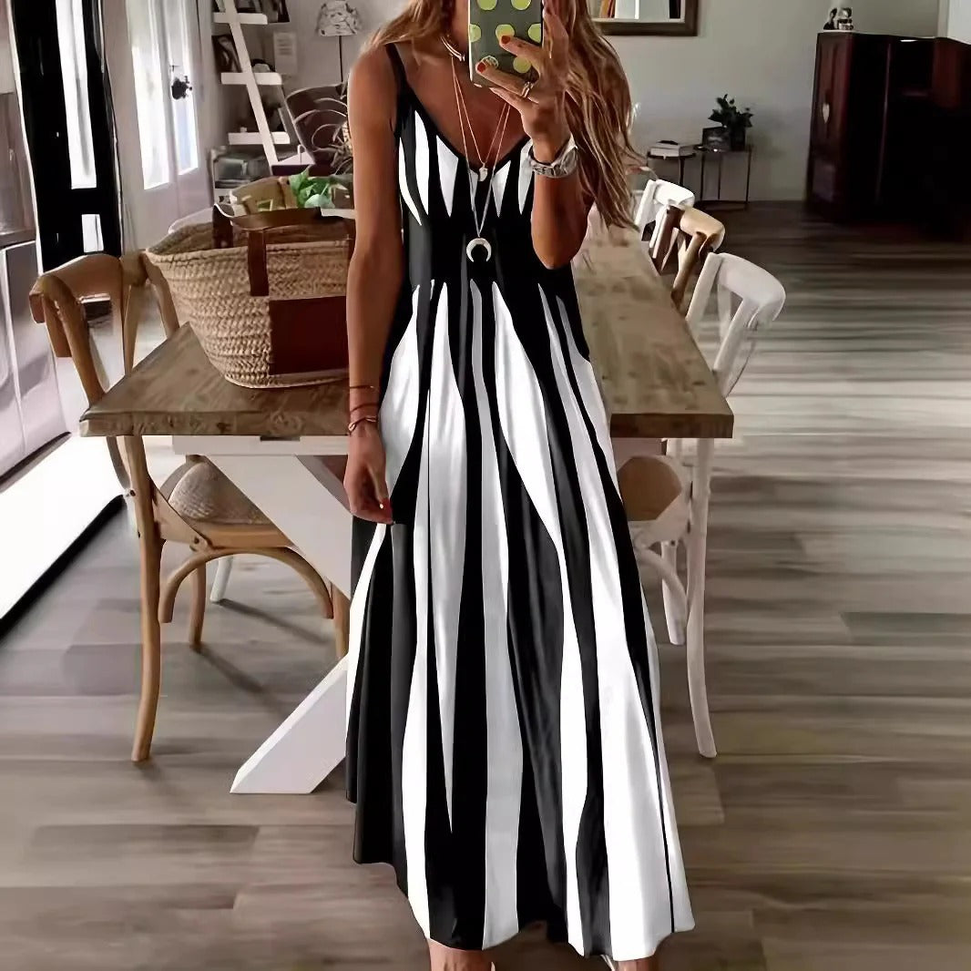 Robe Maxi Femme À Coupe Fluide Sans Manches Col V Rayures Verticales Pour Été Vacances Style Décontracté Et Confortable