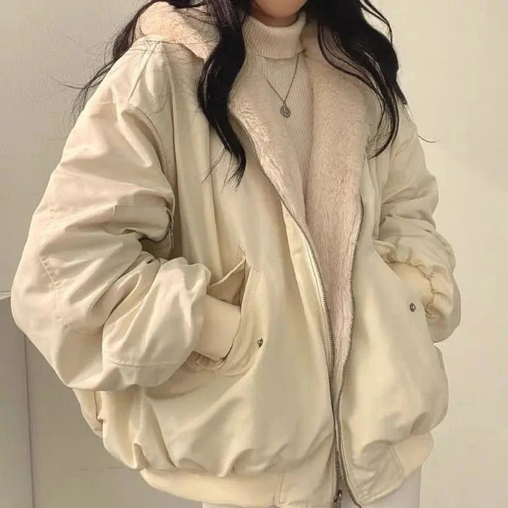 Veste Femme Coupe Décontractée Doublure Peluche Poignets Côtelés Fermeture Éclair Double Épaisseur