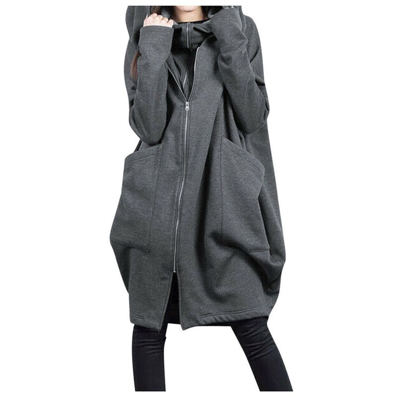 Manteau Midi Femme Oversized Mélange Laine Capuche Zip Devant Poches Pour Automne Hiver