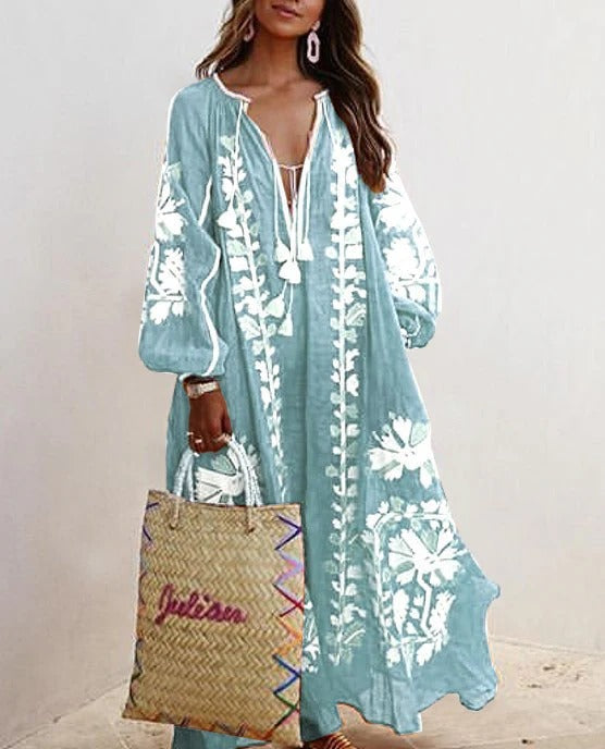 Robe Kaftan Femme Avec Broderie Florale Coupe Fluide Et Tissu Coton Respirant Amawinc