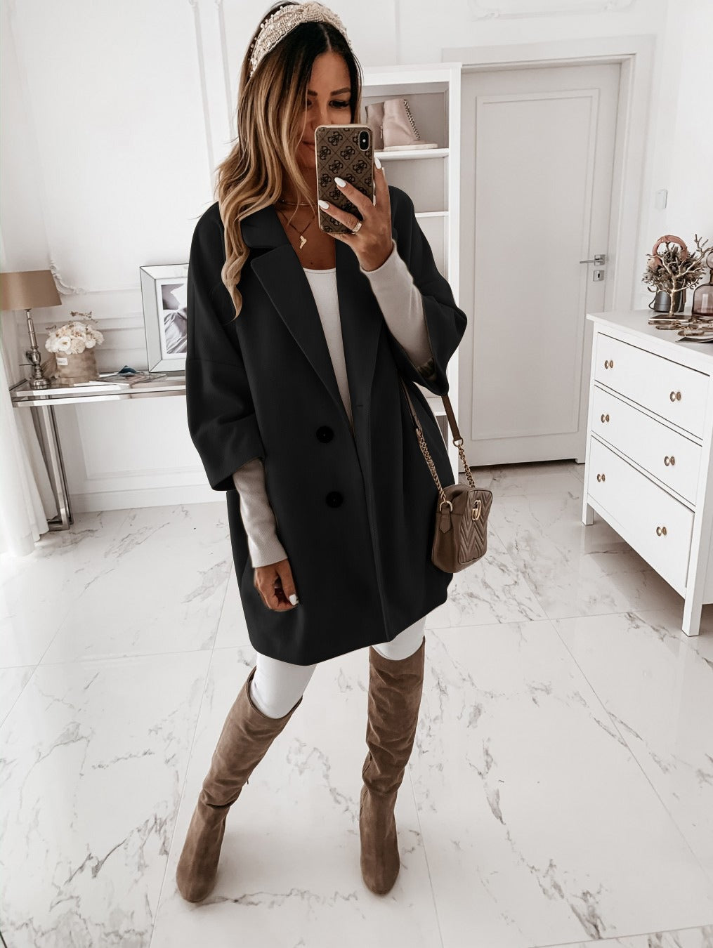 Manteau En Laine Pour Femme Nordisk Flair Coupe Oversize Manches Trois Quarts Fermeture Boutons Col Revers