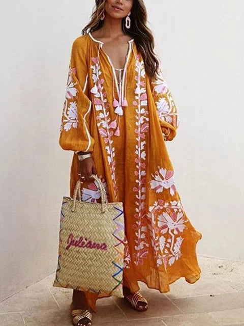 Robe Kaftan Femme Avec Broderie Florale Coupe Fluide Et Tissu Coton Respirant Amawinc