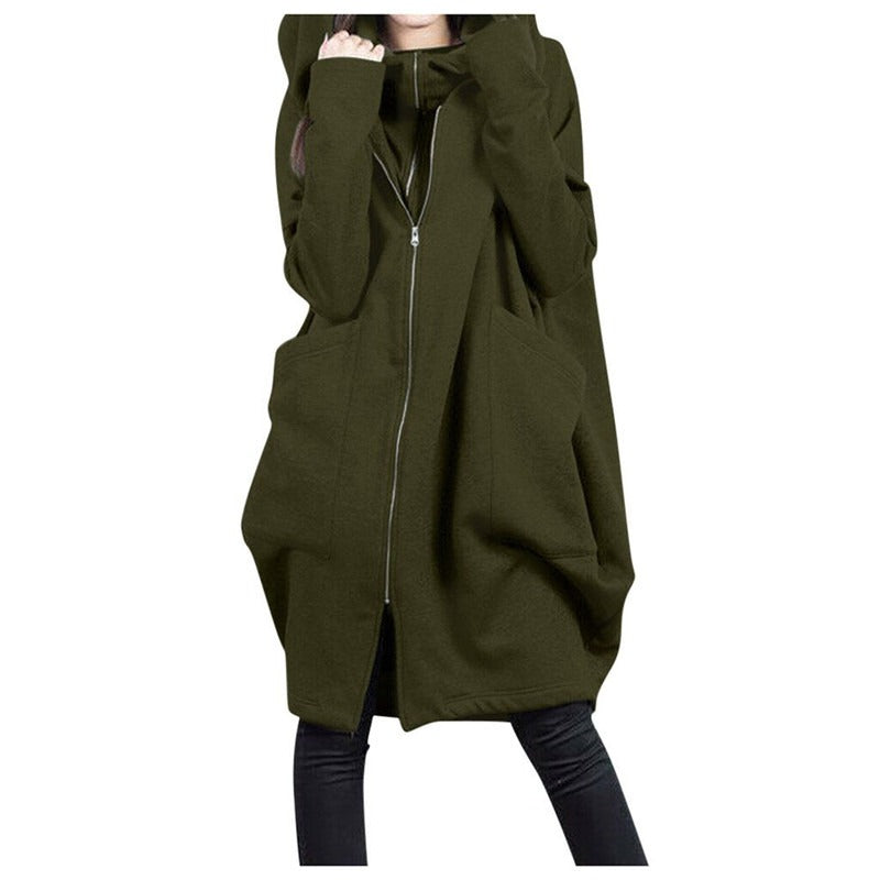 Manteau Midi Femme Oversized Mélange Laine Capuche Zip Devant Poches Pour Automne Hiver