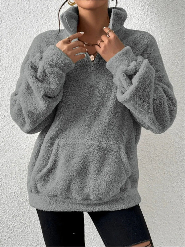 Pull Polaire Pour Femme Coupe Décontractée Col Montant Fermeture Éclair Avant Poche Kangourou Amawinc Confort Quotidien