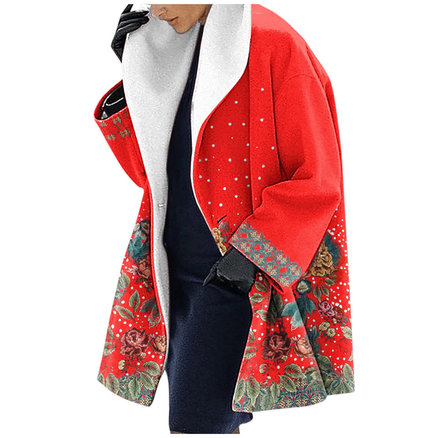 Veste À Capuche En Laine Mélangée Coupe Ample Mi Longue Imprimé Floral Ethnique Décontracté