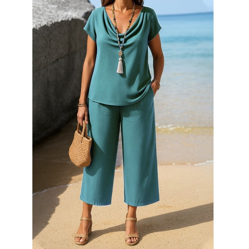 Ensemble Pantalon et Pull Femme en Maille Douce Col en Peluche Pantalon Large à Jambe Courte Style Confort Moderne