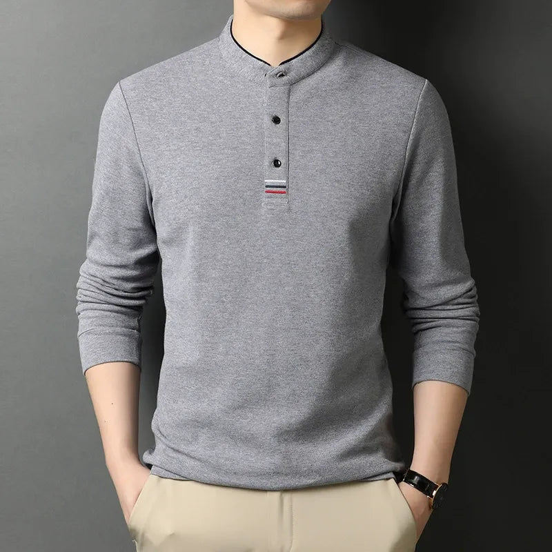 Amawinc Nordisk Flair T Shirt Homme Manches Longues en Coton Col Montant et Patte de Boutonnage Coupe Regular