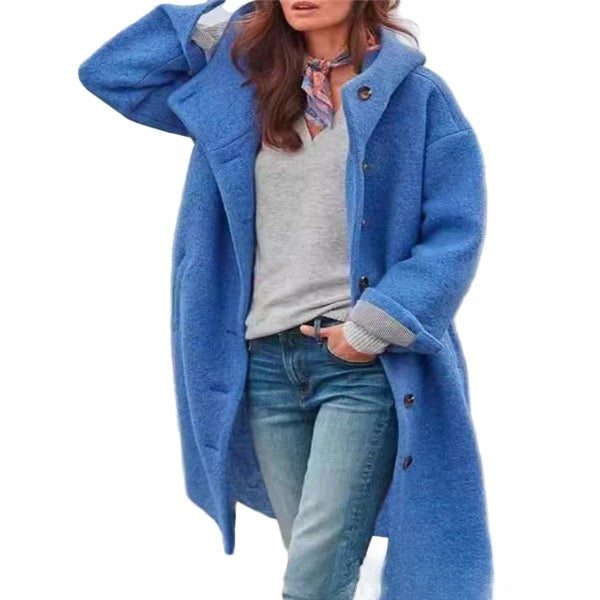 Manteau Long Femme Oversize Texture Laine Capuche Boutons Devant pour Hiver Chic