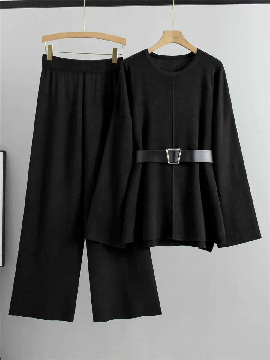Ensemble Deux Pièces Pour Femme Pull En Tricot À Manches Évasées Et Pantalon Taille Haute À Jambes Larges