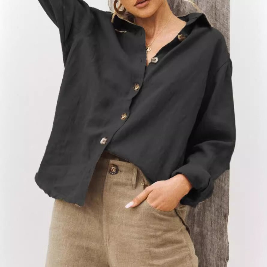 Chemise Femme Coupe Décontractée Mélange Coton Lin Manches Longues Col Boutonné Nordisk Flair