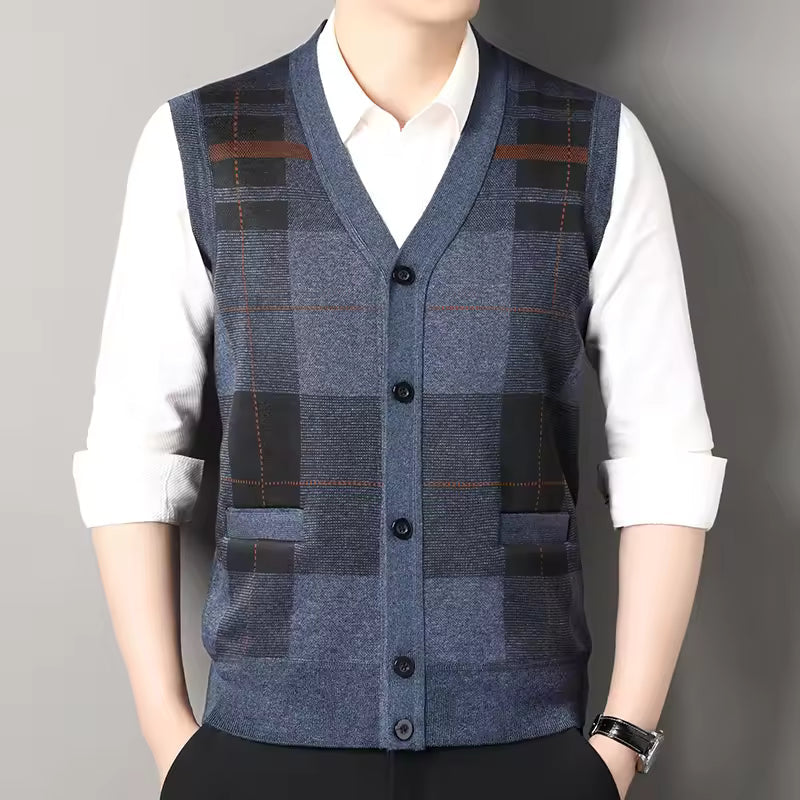 Veste Tricot Homme Slim Fit Mélange De Laine À Carreaux Col V Boutonnée Pour Superposition Quotidienne Décontractée