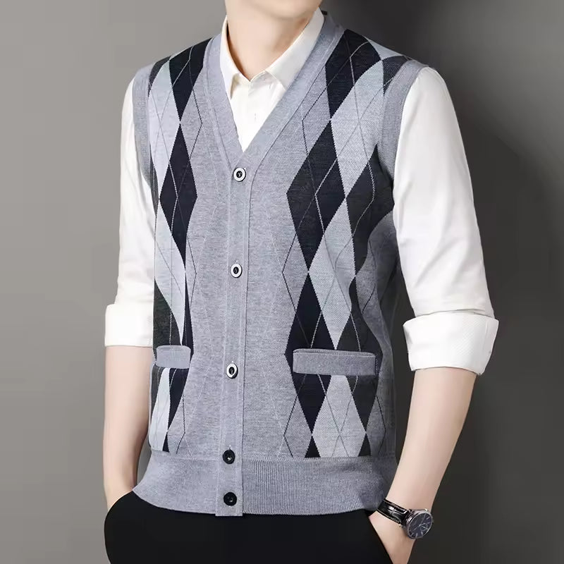 Veste Tricot Homme Slim Fit Mélange De Laine À Carreaux Col V Boutonnée Pour Superposition Quotidienne Décontractée