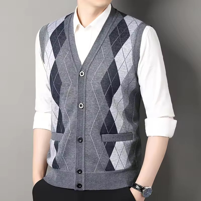 Veste Tricot Homme Slim Fit Mélange De Laine À Carreaux Col V Boutonnée Pour Superposition Quotidienne Décontractée