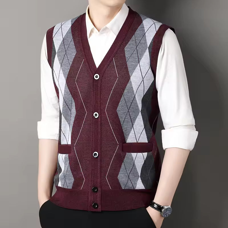 Veste Tricot Homme Slim Fit Mélange De Laine À Carreaux Col V Boutonnée Pour Superposition Quotidienne Décontractée