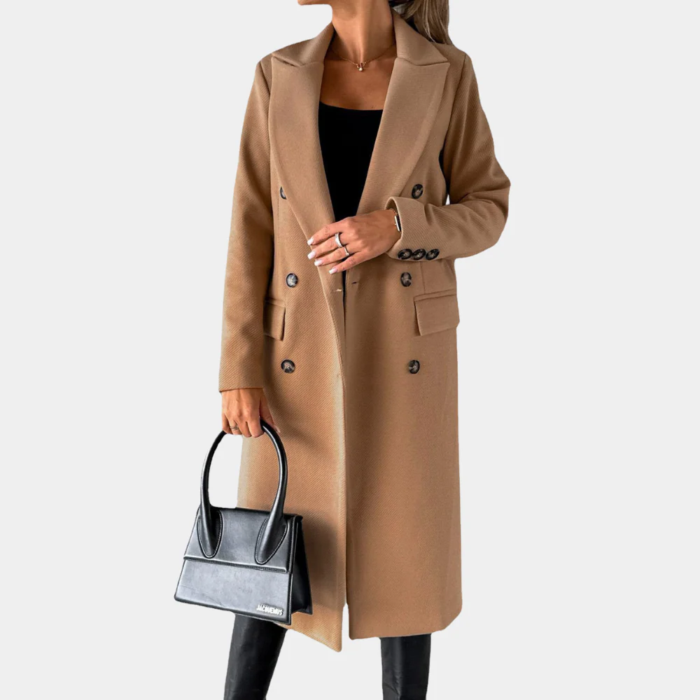 Manteau Long Femme Nordisk Flair Effet Laine Coupe Tailorée Double Boutonnage Revers À Cran Élégance Polyvalente