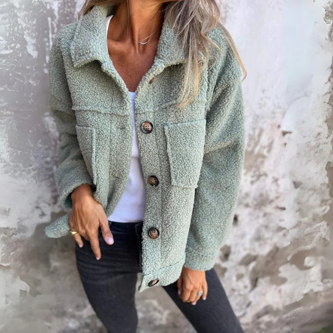 Manteau Femme Coupe Décontractée Texture Laine Col Large Boutons Oversize Poches Patch