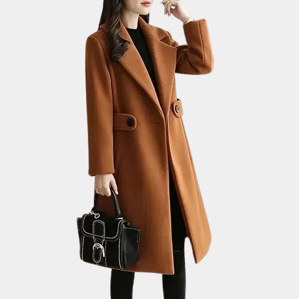 Manteau Femme En Laine Tailleur Cintré Genou Longueur Revers Large Boutonnage Simple Camel Élégance Intemporelle