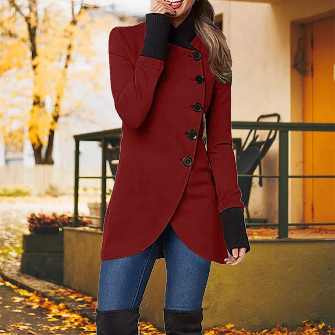 Amawinc Veste Femme Moderne Asymétrique Fermeture Bouton Col Haut Coupe Cintrée Longueur Mi Cuisses