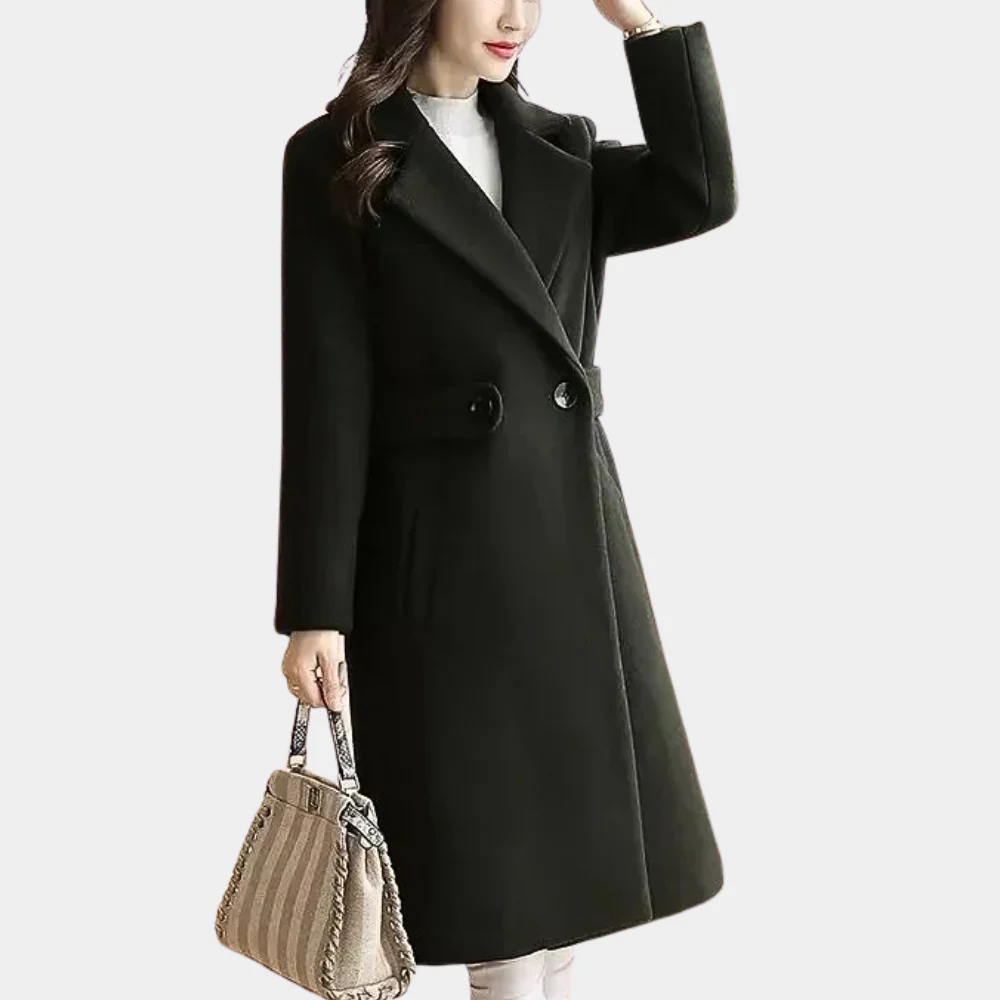 Manteau Femme En Laine Tailleur Cintré Genou Longueur Revers Large Boutonnage Simple Camel Élégance Intemporelle