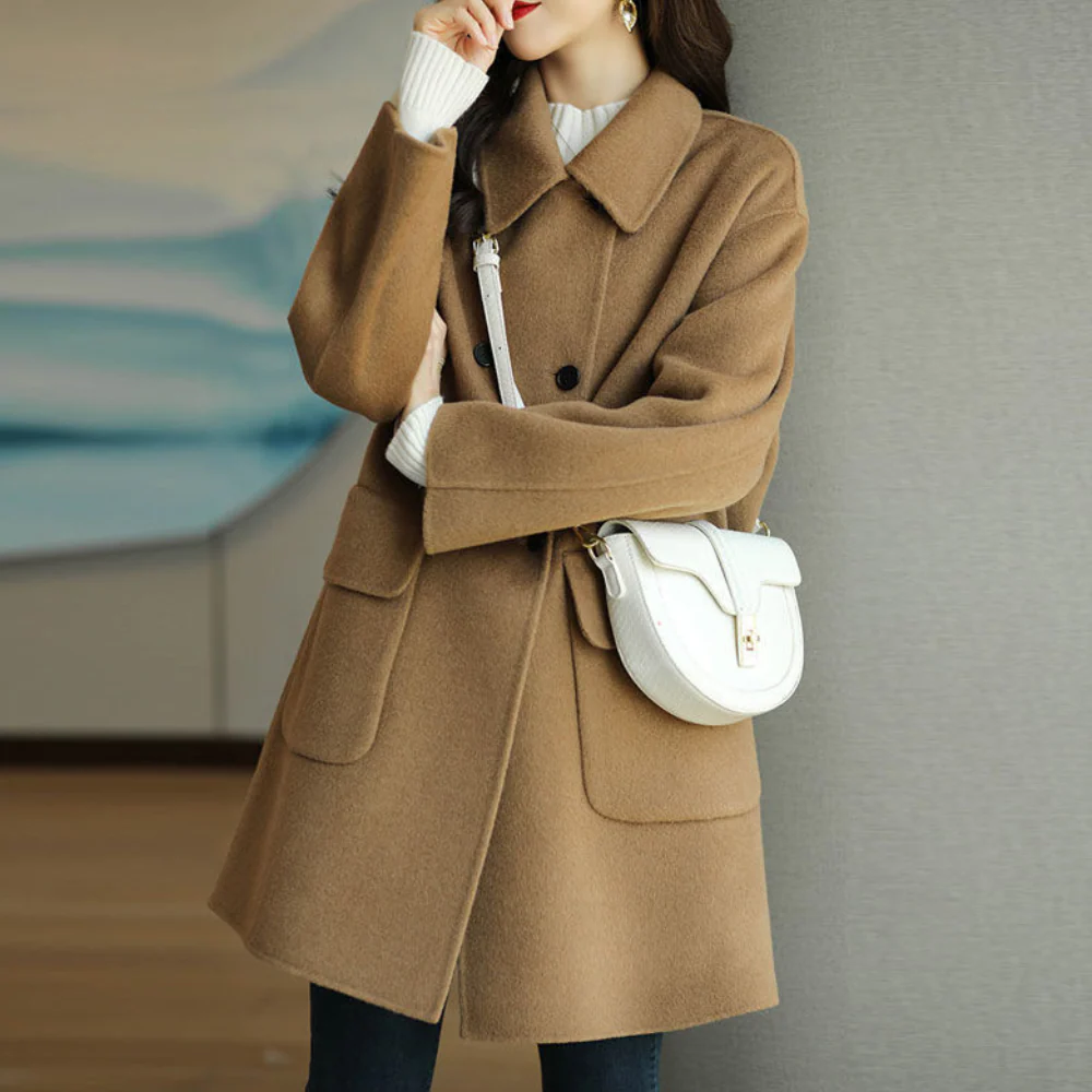 Manteau Femme Effet Laine Structuré Col Revers Double Boutonnage Pour Une Élégance Moderne