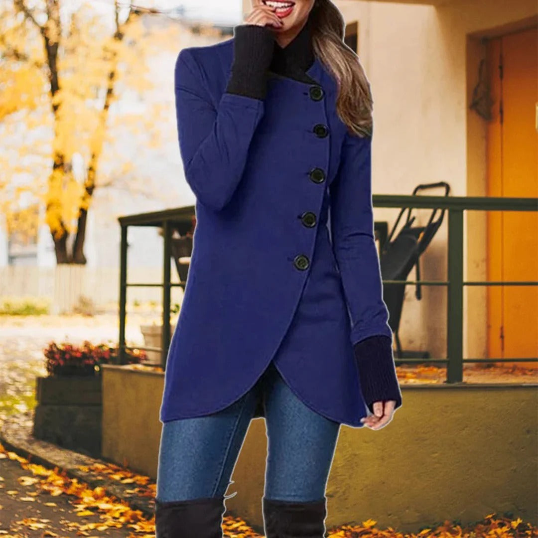 Amawinc Veste Femme Moderne Asymétrique Fermeture Bouton Col Haut Coupe Cintrée Longueur Mi Cuisses
