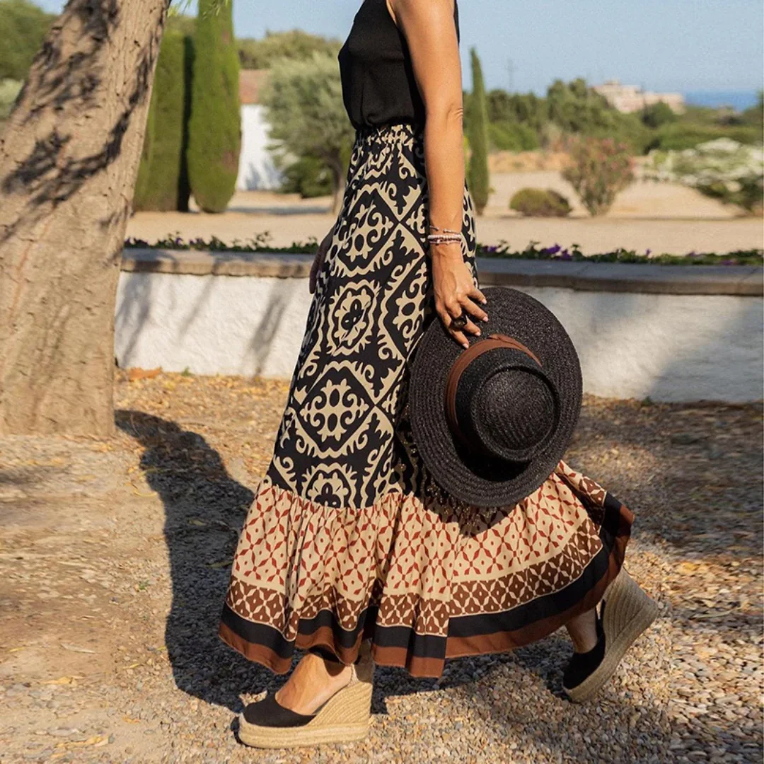 Jupe Maxi Femme Taille Haute À Volants Boho Imprimé Géométrique Léger Et Confortable Pour Été