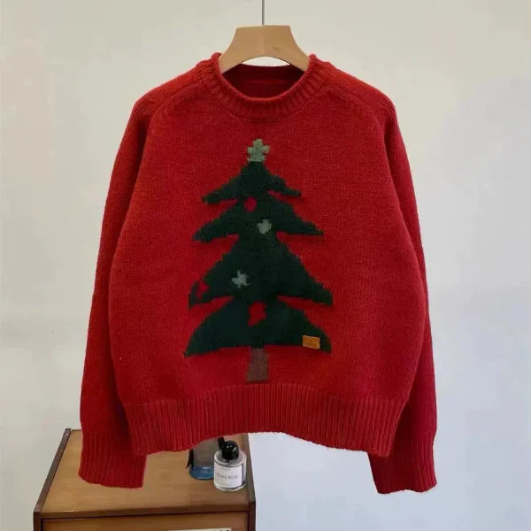 Pull Femme En Maille Laine Mélangée Amawinc Col Rond Coupe Décontractée Motif Arbre