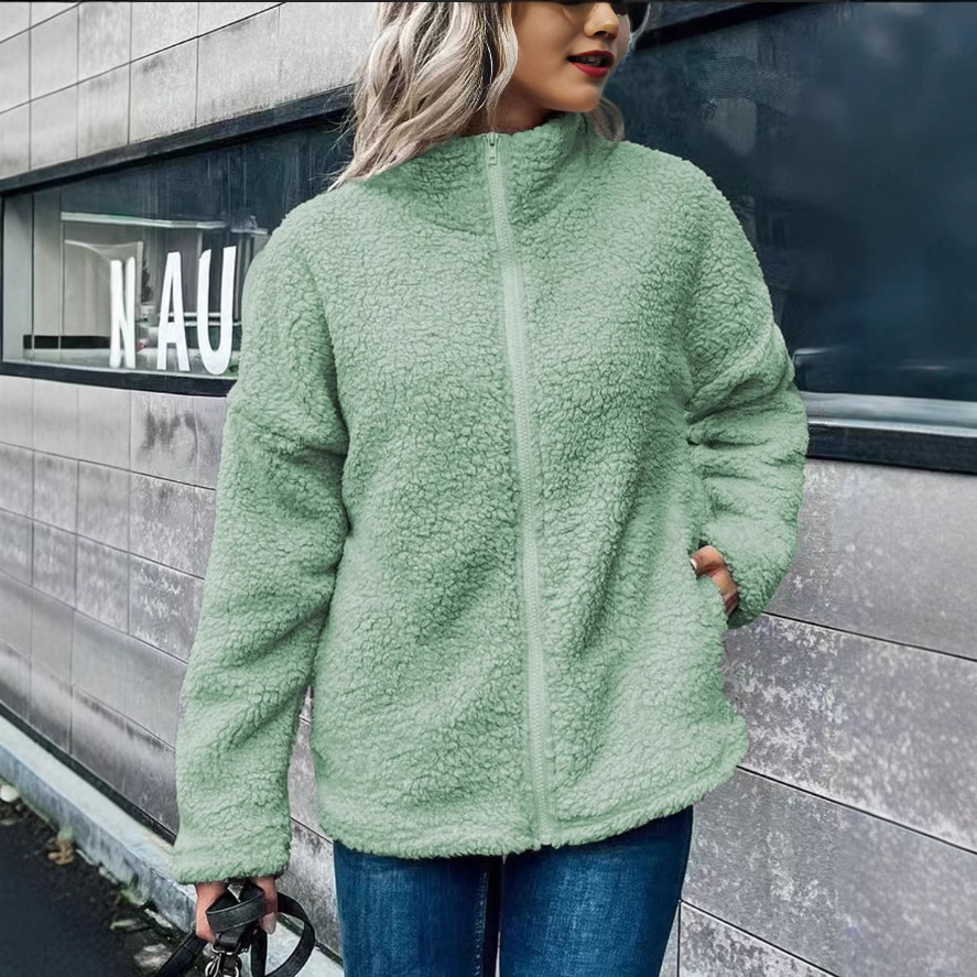 Manteau En Polaire Pour Femmes Coupe Oversized Mélange Laine Et Polaire Col Montant Manches Longues Fermeture Éclair