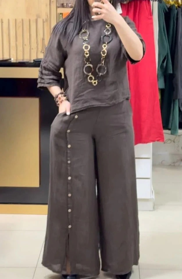 Ensemble Deux Pièces En Lin Pour Femme Haut Décontracté Et Pantalon À Jambes Larges Boutonné