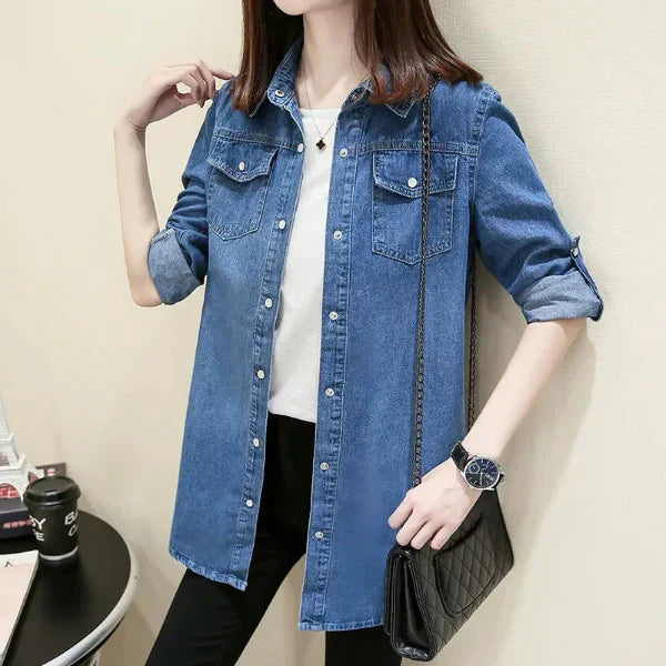 Chemise Jeans Femme Nordisk Flair Slim Fit Bouton Front Poches Poitrine Longueur Moyenne
